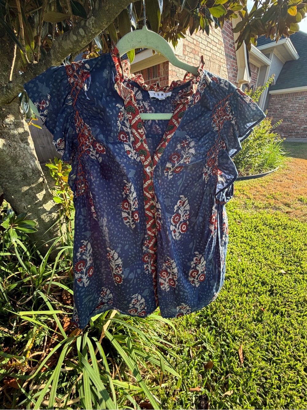 THML Blue Floral 100% Cotton Boho Ruffle Sleeve Blouse Top M - Picture 13 of 16